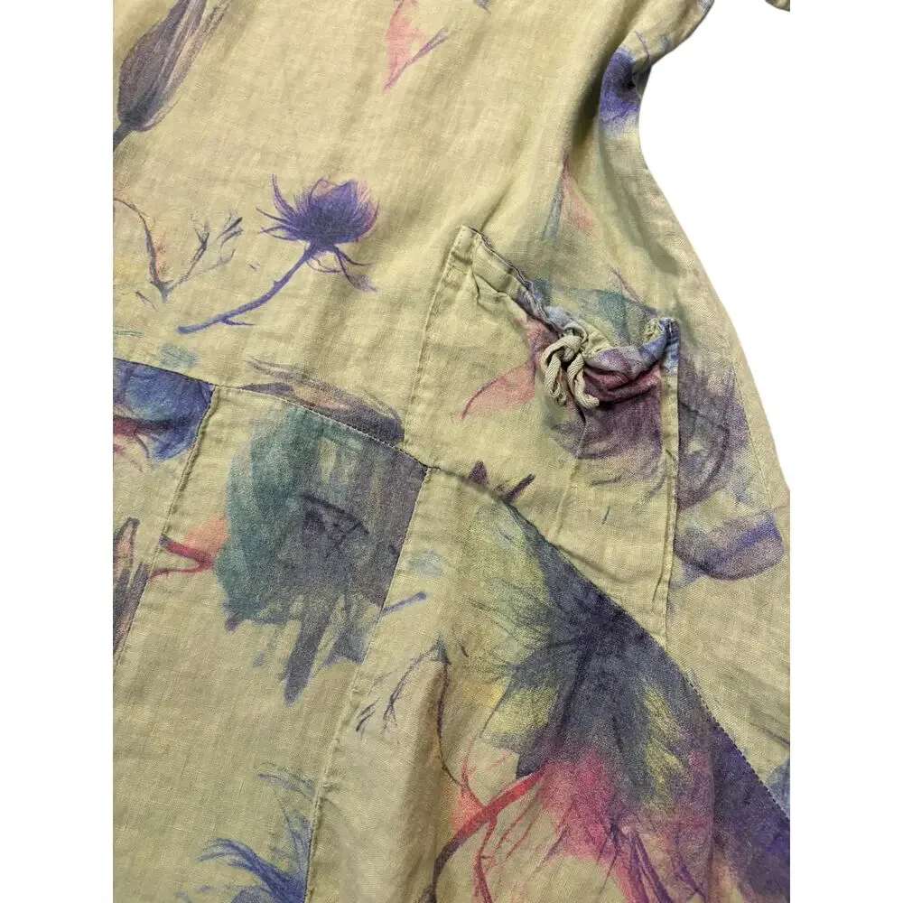 Green 100% Italian Linen Watercolor Floral Lagenlook Hobo Grunch Dress 0S Bubble